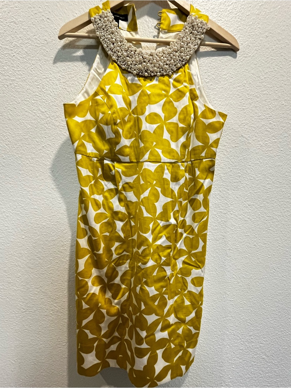 INC International Concepts Yellow and White Printed Dress with Beaded Collar
